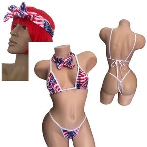 SEXY . EXOTIC DANCEWEAR . USA FLAG THONG BIKINI . RAVE . HEADWRAP . 4TH OF JULY
